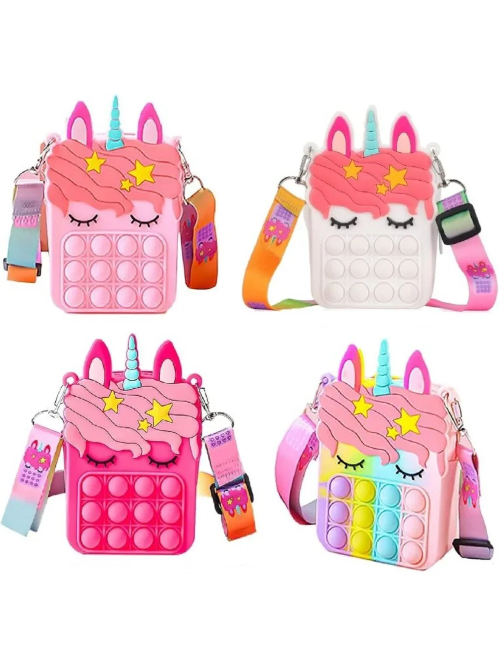 Unicorn Fidget Purses for Kids - 4 Pack Rainbow Pop Bubble Crossbody Bags